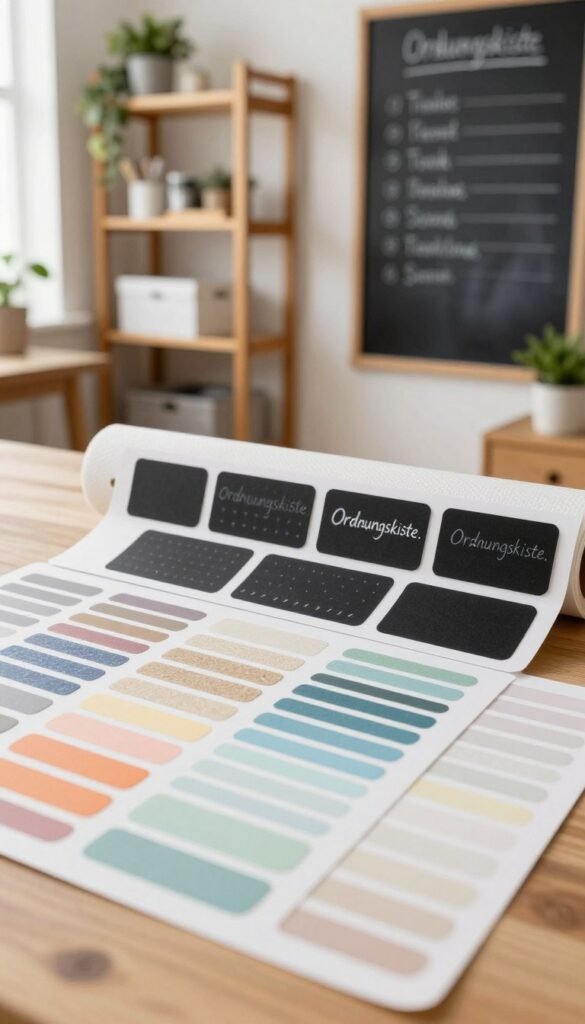 A beautifully organized workspace featuring a selection of labels and chalkboard film from the brand "Ordnungskiste." In the foreground, neatly arranged label sheets in various colors and sizes, showcasing their textures and designs. The middle ground includes a roll of chalkboard film, partially unrolled, with a few crafted labels written in chalk, highlighting their practical application. The background shows a cozy, sunlit room with wooden shelves filled with organizing supplies, plants, and a chalkboard wall displaying a neat inventory list, all captured in warm, natural colors. The lighting is soft and inviting, reminiscent of a Pinterest aesthetic, creating a calm and inspiring atmosphere, ideal for illustrating the theme of effective organization. No text, logos, or watermarks present in the image. A beautifully organized workspace featuring a selection of labels and chalkboard film from the brand "Ordnungskiste." In the foreground, neatly arranged label sheets in various colors and sizes, showcasing their textures and designs. The middle ground includes a roll of chalkboard film, partially unrolled, with a few crafted labels written in chalk, highlighting their practical application. The background shows a cozy, sunlit room with wooden shelves filled with organizing supplies, plants, and a chalkboard wall displaying a neat inventory list, all captured in warm, natural colors. The lighting is soft and inviting, reminiscent of a Pinterest aesthetic, creating a calm and inspiring atmosphere, ideal for illustrating the theme of effective organization. No text, logos, or watermarks present in the image.