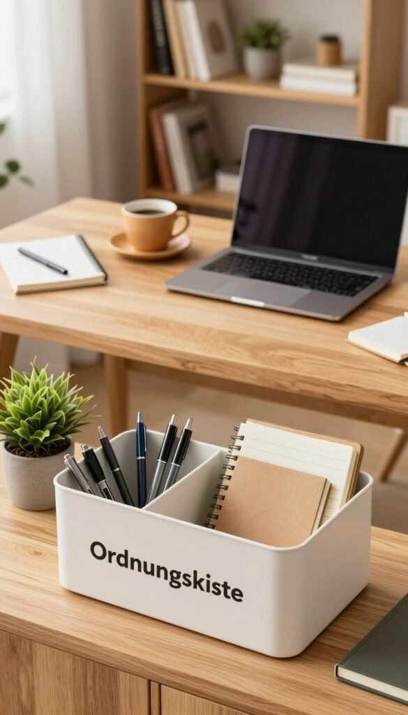 A beautifully organized workspace featuring a stylish "Ordnungskiste" at the forefront, showcasing a neat assortment of office supplies such as pens, notebooks, and a small potted plant. The middle layer includes a bright wooden desk, complete with a sleek laptop and a warm cup of coffee, all under soft, natural lighting that streamlines the productivity vibe. In the background, a cozy bookshelf filled with neatly arranged books and decorative items creates a serene atmosphere. The image should evoke a sense of calm and efficiency, using warm colors and a Pinterest-inspired aesthetic, reminiscent of modern minimalism. The scene should be captured from a slight overhead angle, emphasizing organization and inviting the viewer into this inspiring workspace.