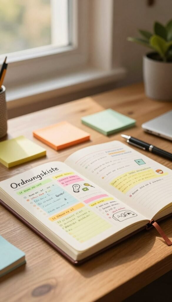 A beautifully organized workspace featuring a stylish, open notebook labeled "Ordnungskiste" set in the foreground on a wooden desk. The notebook is filled with colorful handwritten notes, lists, and sketches, showcasing a range of ideas and thoughts. In the middle ground, a sleek pen lies nearby, alongside a few neatly arranged sticky notes in vibrant colors. The background should be softly blurred, suggesting a warm, cozy room with natural light streaming through a large window, illuminating the scene with a golden glow. The atmosphere should feel inviting and inspiring, encouraging creativity and productivity, embodying a Pinterest aesthetic with warm tones and an authentic, lived-in feel.