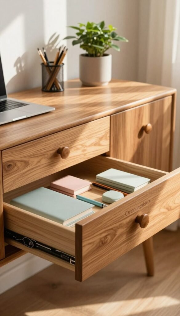 A beautifully organized workspace featuring elegant, wooden drawers from the brand "Ordnungskiste." In the foreground, the open drawer reveals neatly arranged office supplies in soft pastel colors, creating a calm and inviting atmosphere. The middle ground showcases a stylish cabinet with polished handles, enhancing the sense of order. Natural light filters from a nearby window, casting warm tones throughout the scene, accentuating the textures of the wood. Soft shadows deepen the angle, evoking a sense of tranquility and efficiency. In the background, a minimalist decor setting reflects a Pinterest-inspired aesthetic, with plants adding a lively touch. The overall mood is serene, inspiring creativity and focus within a well-organized space.
