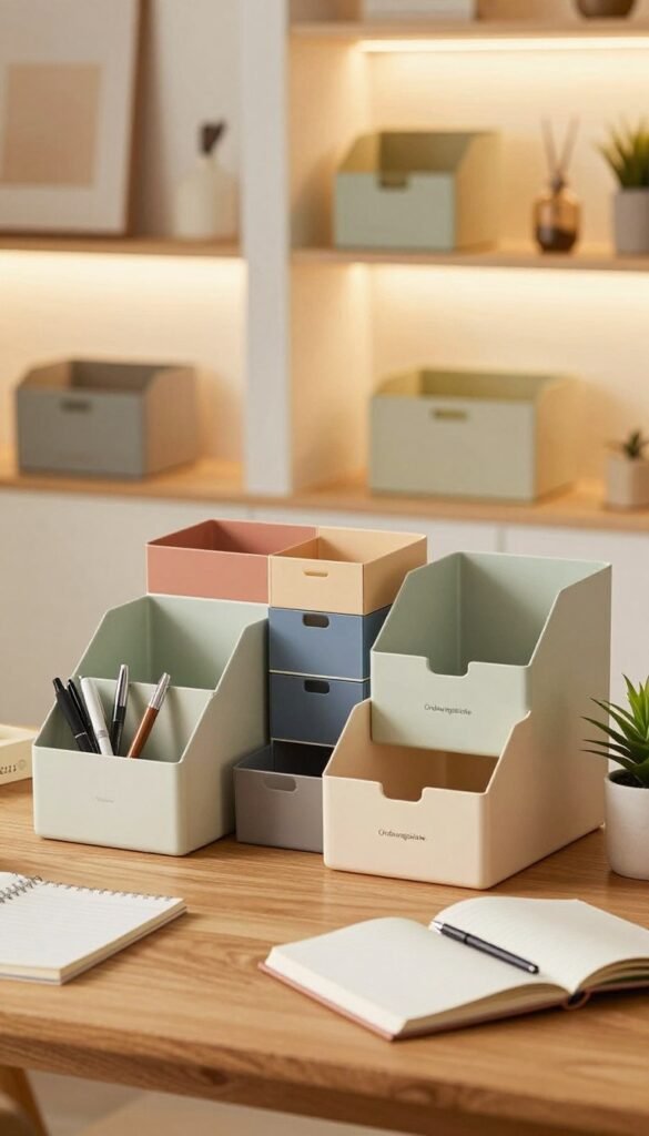 A beautifully organized workspace featuring various organizers by the brand "Ordnungskiste." In the foreground, focus on a stylish, wooden desk adorned with elegant desk organizers, holding pens, notebooks, and a small plant. The middle ground showcases a series of colorful storage boxes and drawer organizers, neatly arranged, providing a visual comparison of sizes and styles. The background features soft-lit shelves filled with additional organization tools, creating a tidy and minimalist atmosphere. The lighting is warm and inviting, enhancing the authentic feel with a Pinterest-like aesthetic. The scene evokes a sense of calm and efficiency, perfect for showcasing the essential role of organizers in daily life, with no text or markings present.