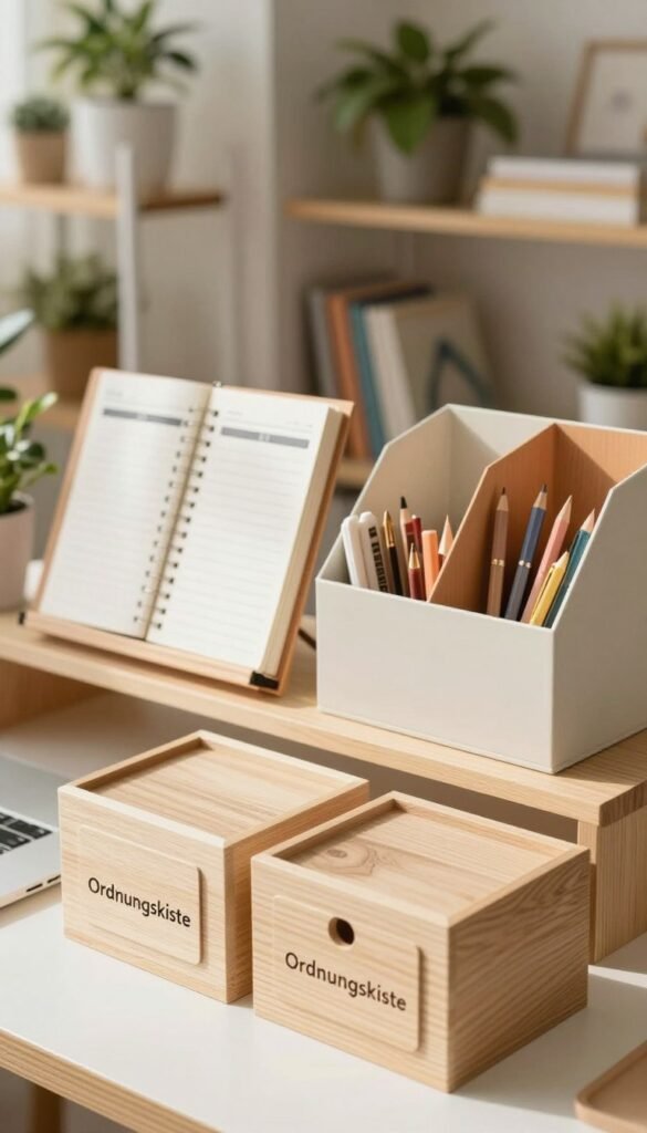 A beautifully organized workspace filled with practical products that enhance structure in everyday life. In the foreground, display elegant storage boxes labeled "Ordnungskiste", made of natural wood with a minimalist design. In the middle ground, feature a stylish desk planner, a set of neatly arranged stationery, and colorful file organizers all in warm, inviting tones. The background should show soft-focus shelves filled with plants and books, creating a calming atmosphere. The scene is well-lit with natural light streaming in, creating a warm glow. The overall mood is serene and inspiring, embodying a Pinterest aesthetic of authenticity and order, perfect for everyday productivity. A beautifully organized workspace filled with practical products that enhance structure in everyday life. In the foreground, display elegant storage boxes labeled "Ordnungskiste", made of natural wood with a minimalist design. In the middle ground, feature a stylish desk planner, a set of neatly arranged stationery, and colorful file organizers all in warm, inviting tones. The background should show soft-focus shelves filled with plants and books, creating a calming atmosphere. The scene is well-lit with natural light streaming in, creating a warm glow. The overall mood is serene and inspiring, embodying a Pinterest aesthetic of authenticity and order, perfect for everyday productivity.