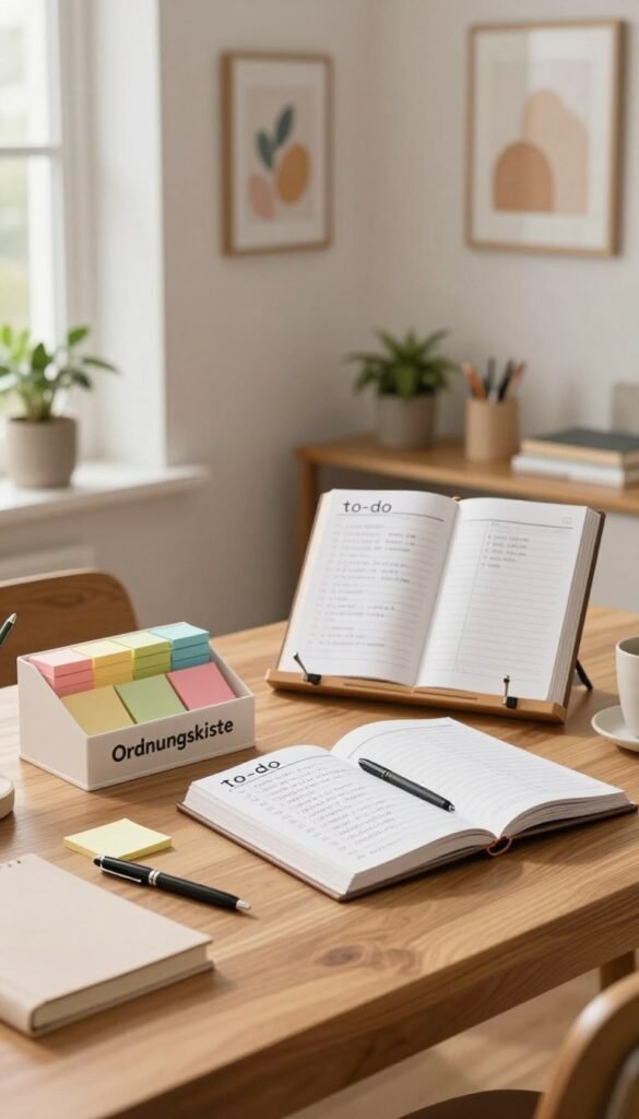 A beautifully organized workspace showcasing a "to-do" and task list organizer. In the foreground, a stylish wooden desk with a neatly arranged "Ordnungskiste" task list organizer filled with color-coded sticky notes, a pen, and a planner. In the middle, a cozy planner open to a section filled with handwritten tasks, surrounded by soft natural light coming from a nearby window. In the background, a calm, minimalistic wall adorned with soothing art, green plants, and a sleek shelf holding books and stationery. The scene embodies warmth and inspiration, utilizing soft, warm colors to create an inviting atmosphere that encourages productivity and organization. The overall look has an authentic Pinterest aesthetic, evoking a sense of clarity and focus without any text or distractions in the image.