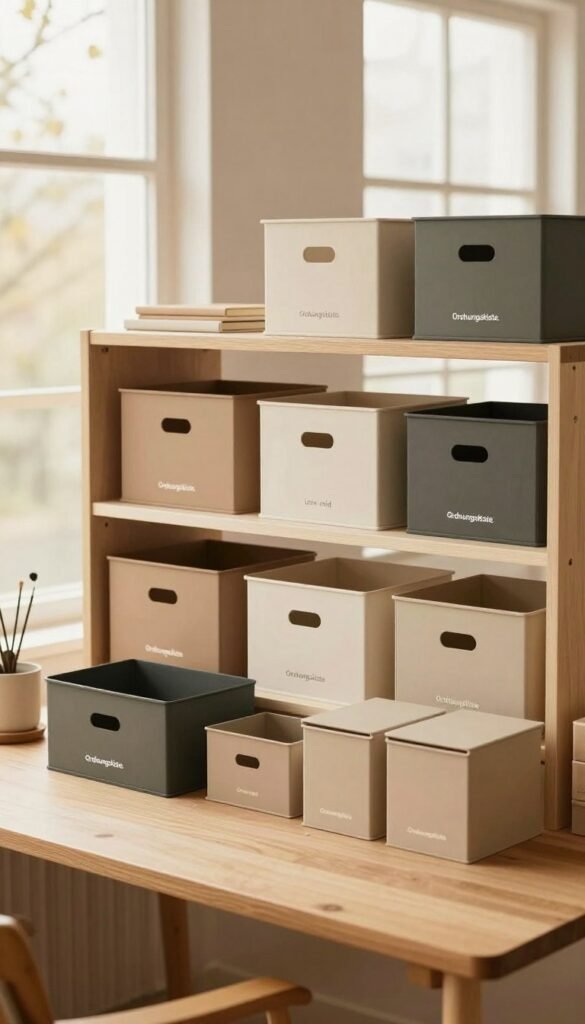 A beautifully organized workspace showcasing various storage solutions for different budgets, with a focus on the brand "Ordnungskiste." In the foreground, a minimalist wooden desk featuring stylish, labeled storage boxes in earthy tones. In the middle, a sleek shelving unit displaying neatly arranged storage solutions&mdash;low, mid, and high-priced options&mdash;each labeled and visually distinct. In the background, large windows letting in soft, warm natural light, enhancing the inviting atmosphere. The overall mood is calm and inspiring, embodying the essence of minimalism with a Pinterest aesthetic. The arrangement reflects efficiency and elegance, with no text or distracting elements, emphasizing the orderly and functional nature of the products.