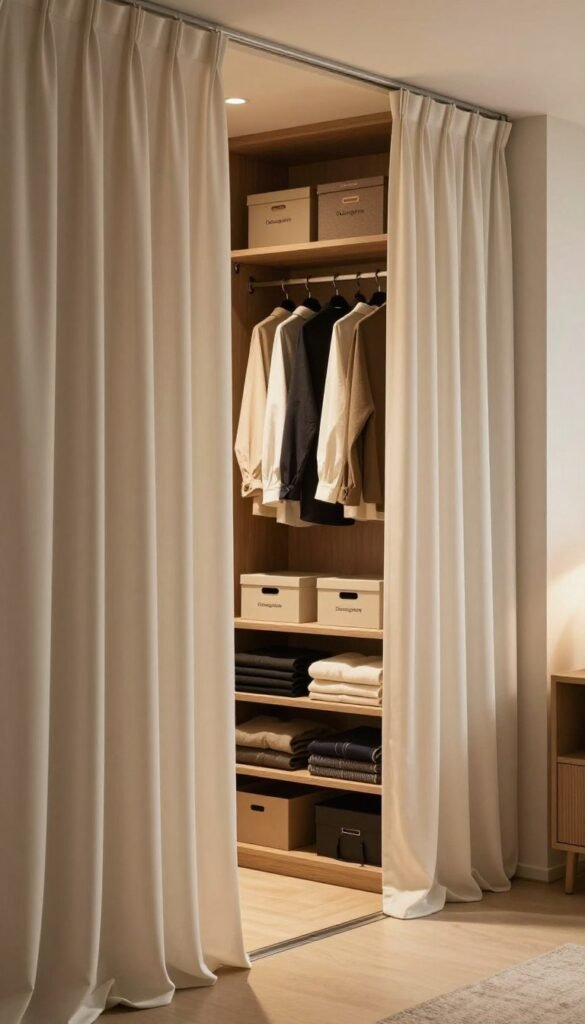 A beautifully styled half-open wardrobe with curtains, showcasing an elegant and organized clothing display. The foreground features soft, flowing curtains in warm, natural tones, partially drawn to reveal neatly folded clothes and accessories arranged on open shelves. In the middle, a wooden shelving unit bears a few minimalist storage boxes labeled &ldquo;Ordnungskiste,&rdquo; complementing the aesthetic. The background consists of a softly lit room with a cozy ambiance, highlighted by warm, inviting lighting that casts gentle shadows. The angle captures the wardrobe from the side, emphasizing the balance of open and covered storage. The overall mood is calm and organized, reflecting a stylishly curated space, perfect for showcasing systems that keep wardrobes tidy without doors.