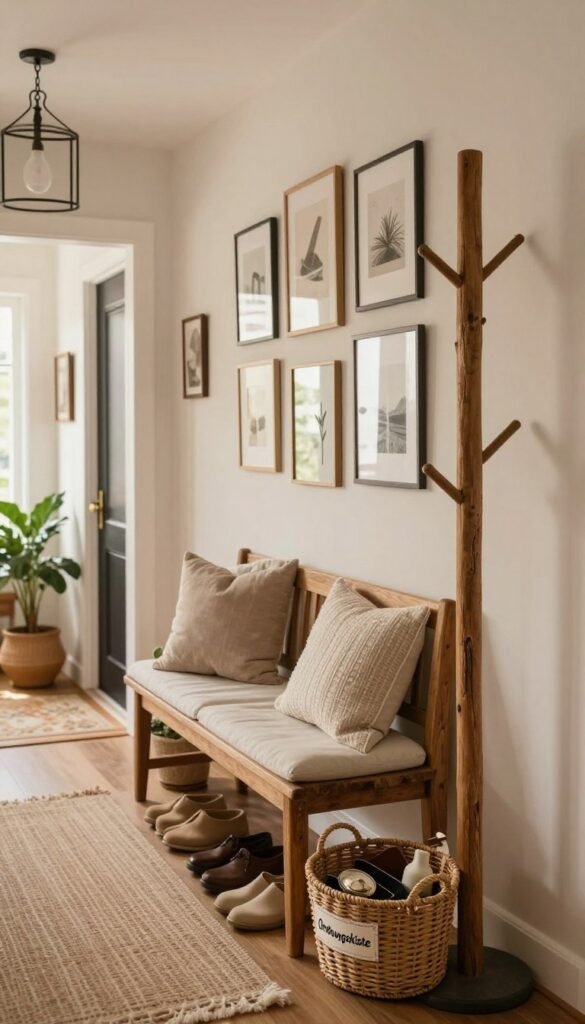 A beautifully styled hallway featuring a harmonious blend of country, modern, and industrial decor. In the foreground, a vintage wooden bench adorned with soft, textured cushions sits beside a rustic coat rack made of reclaimed wood. Neatly organized shoes in natural tones are placed beneath the bench, and a woven basket labeled "Ordnungskiste" holds additional accessories. The middle ground showcases a gallery wall with framed artwork and mirrors that reflect warm, inviting light. The background includes a charming entryway with potted plants beside an open door, allowing soft daylight to filter in. The color palette is warm and earthy, creating a cozy and welcoming atmosphere that embodies a Pinterest aesthetic. The overall mood is calming and organized, perfect for a tidy entryway.