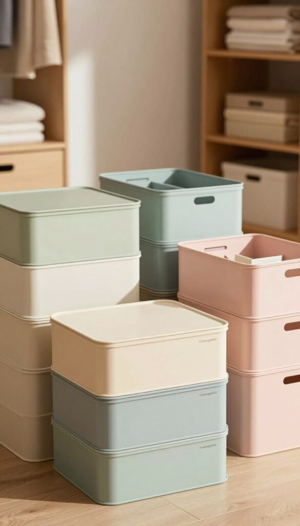 A beautifully styled image showcasing a selection of "Ordnungskiste" stackable storage boxes in various sizes and colors. In the foreground, display three stacked boxes in pastel hues, emphasizing their sleek and modern design. In the middle, arrange additional boxes spread out, some partially open to reveal their interior organization options, highlighting labels and dividers for clarity. The background features a softly blurred spacious closet, filled with neutral-toned walls and warm wood accents, creating a cozy ambiance. Natural lighting filters in, casting gentle shadows that enhance the texture and color of the boxes. The scene portrays an inviting atmosphere, ideal for demonstrating effective storage solutions in home organization. The overall aesthetic aligns with Pinterest-inspired decor, ensuring a polished, visually appealing representation.