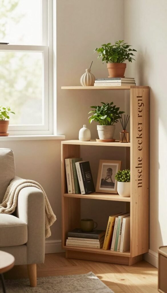 A beautifully styled nook featuring a "nischen ecken regal" (corner shelf) designed by Ordnungskiste, showcasing a harmonious blend of functionality and aesthetics. In the foreground, the shelf is adorned with elegantly arranged books, potted plants, and decorative items, all reflecting warm, inviting colors. The middle ground reveals a cozy armchair positioned nearby, encouraging relaxation, while a soft throw blanket adds texture. In the background, a well-lit window allows natural sunlight to flood the space, enhancing the warm atmosphere. The overall mood is one of comfort and creativity, perfect for cleverly utilizing small, awkward spaces. The scene is captured with a soft-focus lens, emphasizing an authentic Pinterest-inspired look without any text or distractions. A beautifully styled nook featuring a "nischen ecken regal" (corner shelf) designed by Ordnungskiste, showcasing a harmonious blend of functionality and aesthetics. In the foreground, the shelf is adorned with elegantly arranged books, potted plants, and decorative items, all reflecting warm, inviting colors. The middle ground reveals a cozy armchair positioned nearby, encouraging relaxation, while a soft throw blanket adds texture. In the background, a well-lit window allows natural sunlight to flood the space, enhancing the warm atmosphere. The overall mood is one of comfort and creativity, perfect for cleverly utilizing small, awkward spaces. The scene is captured with a soft-focus lens, emphasizing an authentic Pinterest-inspired look without any text or distractions.