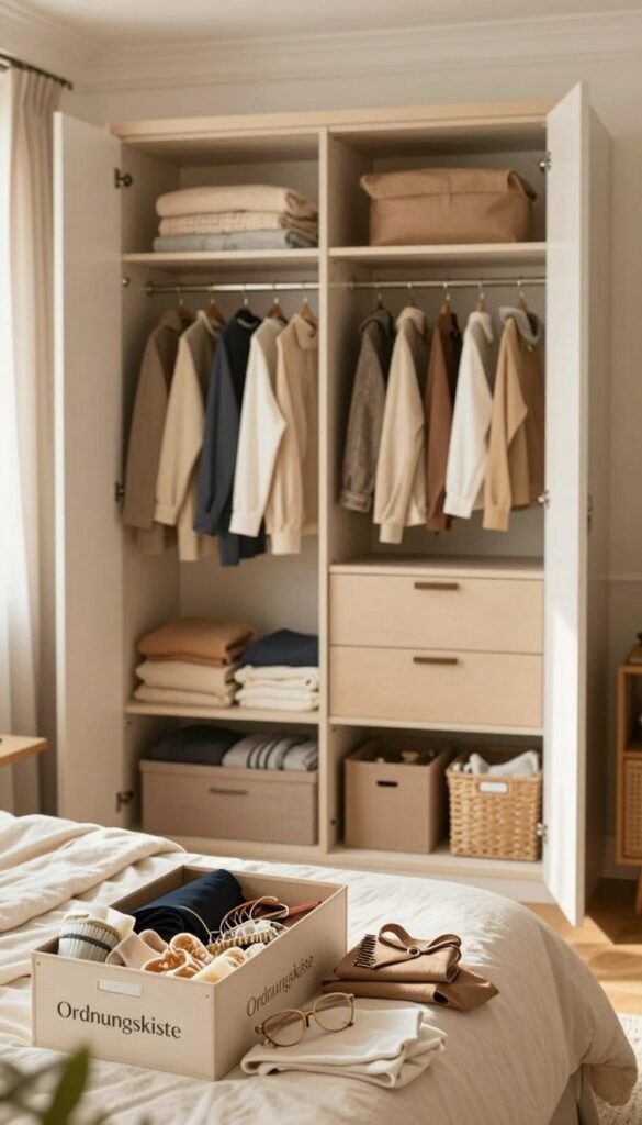 A beautifully styled open wardrobe showcasing the advantages and disadvantages of different storage types, specifically designed for everyday use, limited space, and varying budgets. In the foreground, display neatly organized clothing and accessories, featuring the brand "Ordnungskiste" showcased on a stylish storage box. In the middle, a split view shows a cluttered wardrobe on one side and an orderly one on the other, demonstrating the contrast between chaos and organization. The background features a warm, inviting room with natural light streaming in, highlighting the cozy atmosphere. Use a soft-focus effect to create a dreamy Pinterest aesthetic, with warm colors that evoke a sense of comfort and practicality. Aim for a visually appealing composition without any text or logos, focusing on the image's storytelling aspect.
