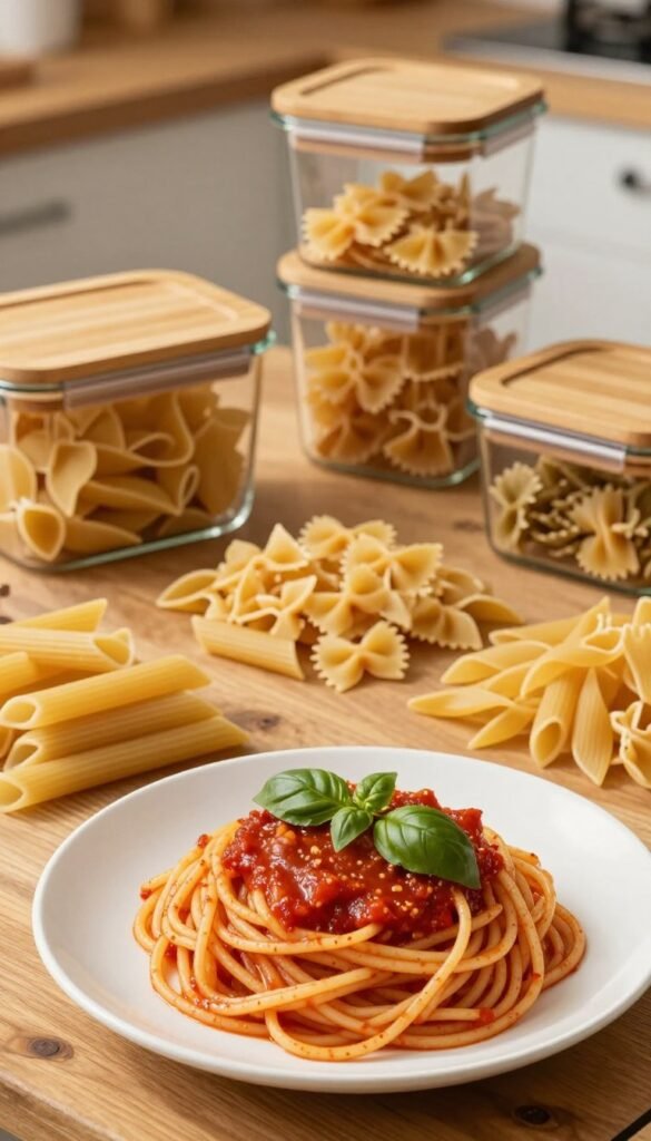 A beautifully styled plate of spaghetti, perfectly twirled into an appetizing mound, sits in the foreground, glistening with a rich, homemade marinara sauce topped with fresh basil leaves. In the middle ground, various types of pasta, like penne and farfalle, are artfully arranged next to the spaghetti, showcasing their different shapes and textures. Surrounding this bountiful spread, there are elegant, airtight storage containers designed for long foods, made of clear glass and bamboo lids, emphasizing their functionality. The background features a rustic wooden kitchen table bathed in warm, natural light ideal for a cozy, inviting atmosphere. The lens captures a slight overhead angle, giving a comprehensive view of the arrangement while maintaining a Pinterest-like aesthetic with authentic, warm colors.
