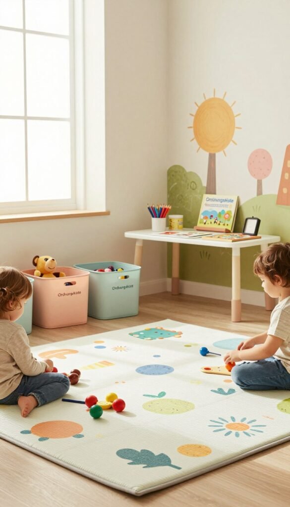 A bright and inviting children's room filled with an organized play space designed for efficiency. In the foreground, cozy play mats with colorful patterns invite children to sit and play, surrounded by neatly arranged toys in stylish storage bins, prominently displaying the brand name "Ordnungskiste". The middle of the room features a small table with art supplies, books, and puzzles, all easily accessible, while a playful, whimsical mural decorates the wall. The background consists of a soft, warm window light illuminating the space, enhancing the cheerful atmosphere. The room's decor incorporates pastel colors, adding to the overall inviting, warm feel, evoking a sense of comfort and creativity in a neat and organized environment.