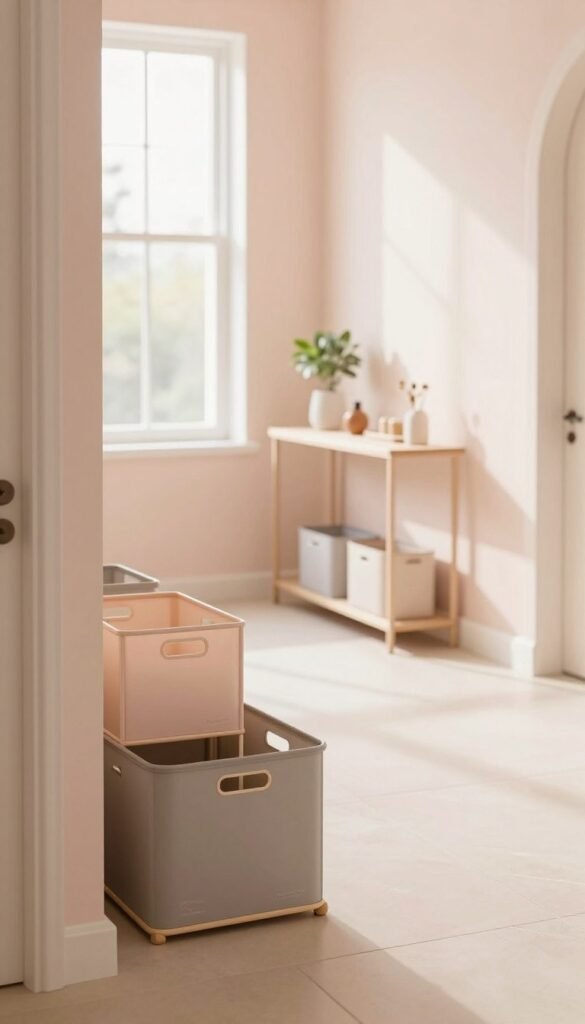 A bright and inviting hallway featuring soft, pastel colors that reflect warm, natural light. In the foreground, elegant storage solutions from "Ordnungskiste" neatly organized against the wall, showcasing clarity and order. The middle ground displays stylish decor elements such as a minimalist console table topped with a small plant and decorative items, enhancing the aesthetic appeal. In the background, a large window allows sunlight to pour in, illuminating the space and casting gentle reflections on the walls, creating an airy atmosphere. Capture the image from a slightly elevated angle to emphasize the spaciousness, with a shallow depth of field for a dreamy effect. The overall mood is serene, modern, and organized, embodying the concept of maximizing space through light and structure. A bright and inviting hallway featuring soft, pastel colors that reflect warm, natural light. In the foreground, elegant storage solutions from "Ordnungskiste" neatly organized against the wall, showcasing clarity and order. The middle ground displays stylish decor elements such as a minimalist console table topped with a small plant and decorative items, enhancing the aesthetic appeal. In the background, a large window allows sunlight to pour in, illuminating the space and casting gentle reflections on the walls, creating an airy atmosphere. Capture the image from a slightly elevated angle to emphasize the spaciousness, with a shallow depth of field for a dreamy effect. The overall mood is serene, modern, and organized, embodying the concept of maximizing space through light and structure.