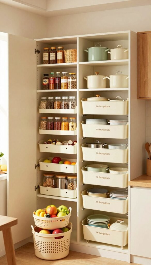 A bright and inviting kitchen scene showcasing organized high cabinets filled with "Ordnungskiste" storage solutions. In the foreground, a set of elegant, stackable baskets filled with fruits and kitchen essentials. The middle layer features neatly arranged shelf inserts doubling the space for spices and condiments, while a well-designed cabinet organizer holds pots and pans harmoniously. The background includes soft, warm lighting filtering through a window, creating a cozy atmosphere. The kitchen's decor is modern with wooden accents and gentle colors, enhancing the Pinterest-style aesthetic. The image is free of text and focuses solely on the beauty of organized kitchen storage solutions.