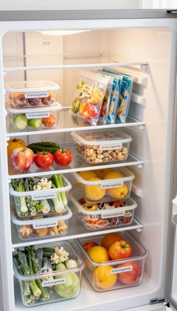 A bright and organized freezer scene filled with various products showcasing practical storage solutions from the brand "Ordnungskiste". In the foreground, feature neatly labeled bins and containers, displaying frozen vegetables, fruits, and pre-prepared meals, all colorful and appetizing. In the middle ground, emphasize the different types of freezer organization tools: stackable containers, drawer organizers, and vacuum-sealed bags, all in a harmonious arrangement. The background should have a clean, white freezer interior that enhances the sense of order. Soft, natural lighting casts a warm glow, creating a welcoming atmosphere. The angle should be slightly above eye level, providing a clear view of the entire setup while maintaining a Pinterest-worthy aesthetic. The overall mood should feel fresh, practical, and visually appealing, inviting the viewer to explore efficient freezer organization solutions.