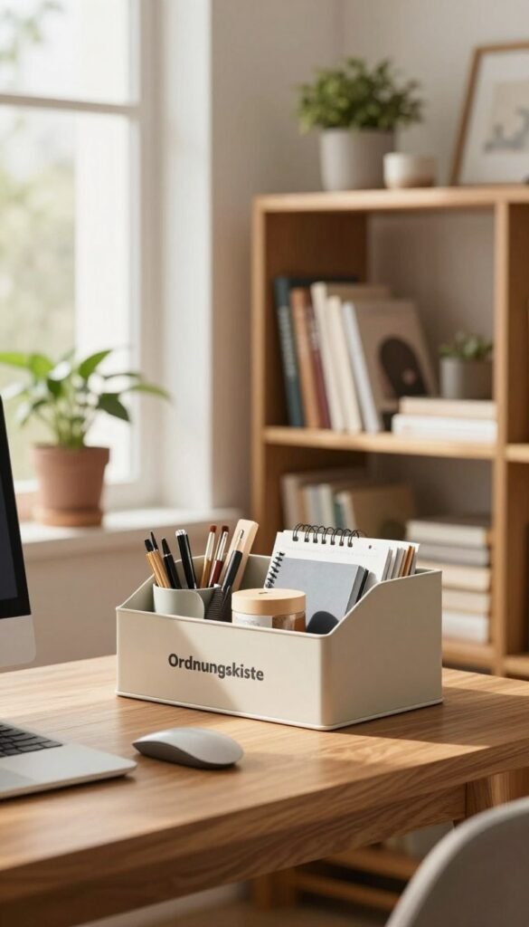 A bright and organized home office space with a warm, inviting atmosphere. In the foreground, a wooden desk is neatly arranged with a stylish "Ordnungskiste" storage box, filled with office supplies, encouraging a clutter-free environment. In the middle, an elegant bookshelf displays neatly organized books and decor items, enhancing the sense of order. Soft, natural lighting filters through a large window in the background, casting gentle shadows and creating a cozy ambiance. A potted plant sits beside the desk, adding a touch of greenery. The overall mood is calm and productive, emphasizing the importance of having dedicated spaces for items to maintain an orderly daily life. The image should have a Pinterest-inspired aesthetic, featuring warm colors and an authentic feel, without any text or captions.
