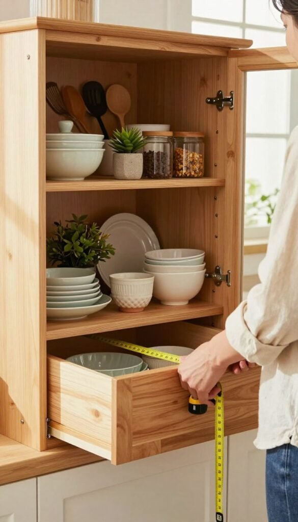 A bright, cozy kitchen setting featuring a stylish open cabinet with neatly organized kitchenware. In the foreground, a person wearing casual yet professional attire measures the height and width of a wooden drawer using a measuring tape, focused and meticulous. The middle ground showcases shelves filled with various cooking utensils, jars of spices, and small plants adding a touch of greenery, while the background reveals soft natural light streaming in through a window, enhancing the warm colors of the cabinets. The atmosphere is inviting and homely, perfect for illustrating the concept of measuring for optimal kitchen organization. The overall composition presents a modern Pinterest-like aesthetic, capturing the essence of practicality and beauty in small kitchen spaces.