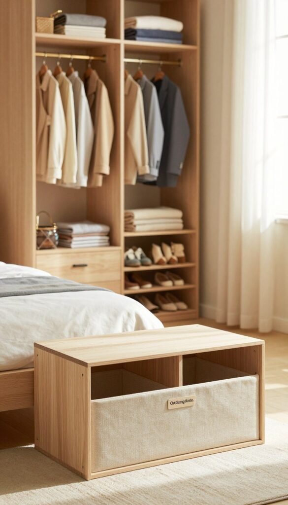 A bright, inviting bedroom featuring a well-organized wardrobe. In the foreground, there are stylish compartments and storage solutions crafted by the brand "Ordnungskiste," showcasing how to expand space without additional furniture. The middle ground displays a neatly arranged open wardrobe with neatly folded clothes, accessories, and shoe storage, emphasizing clever organization. The background reveals a soft, warm-lit environment, with natural sunlight filtering through a softly draped window, creating a cozy atmosphere. The overall mood is serene and inspiring, highlighting the beauty of an orderly space while focusing on innovative storage solutions. The color palette features warm tones, complemented by the elegant textures of fabric and wood.