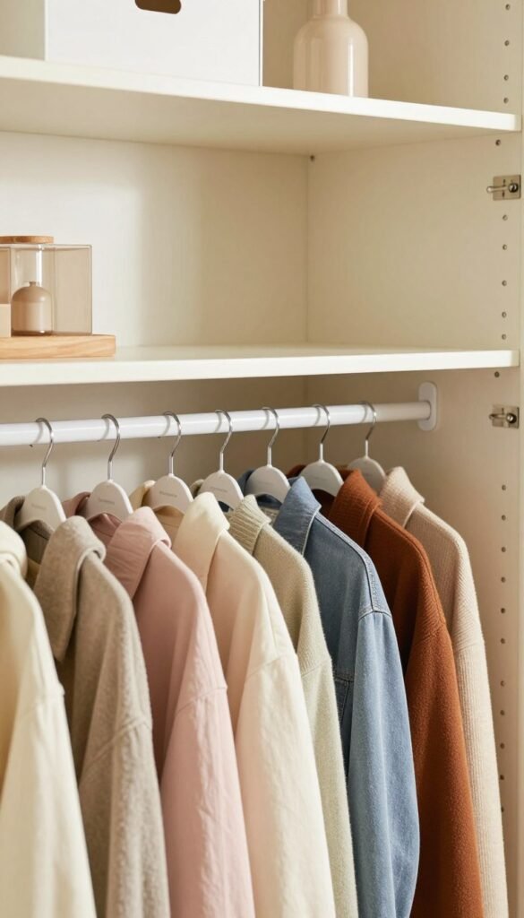 A bright, inviting image of a stylish vertical wardrobe system featuring "Ordnungskiste" brand hangers and cascading hooks. In the foreground, showcase a neatly organized collection of colorful garments hanging from the innovative hook connectors, creating an illusion of extra space. The middle ground should highlight the vertical design of the wardrobe, with sleek shelves that feature minimalist storage boxes and accessories, enhancing functionality. In the background, softly blurred, incorporate a well-decorated room with warm, natural lighting that complements the wardrobe. Use a shallow depth of field with a soft focus to create a cozy atmosphere, drawing attention to the innovative hanging system while maintaining an authentic, Pinterest-worthy aesthetic. No text, captions, or branding in the image.