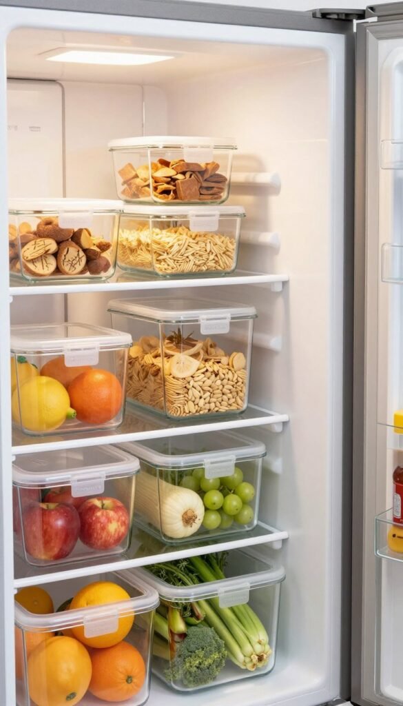 A bright, organized refrigerator interior showcasing a variety of innovative kitchen organizers designed for efficient food storage. In the foreground, clear plastic bins hold neatly arranged fruits, vegetables, and condiments, each labeled for quick identification. The middle layer features tiered shelves with elegant glass containers filled with grains and snacks, all bathed in soft, natural lighting that highlights the vibrant colors of the food. In the background, a sleek, stainless-steel refrigerator door reflects the ambient light, lending a modern touch to the scene. The atmosphere is warm and inviting, reminiscent of a cozy kitchen, inspiring viewers to embrace organization and reduce food waste. The image should embody a Pinterest-worthy aesthetic, capturing an authentic and practical approach to everyday fridge organization.