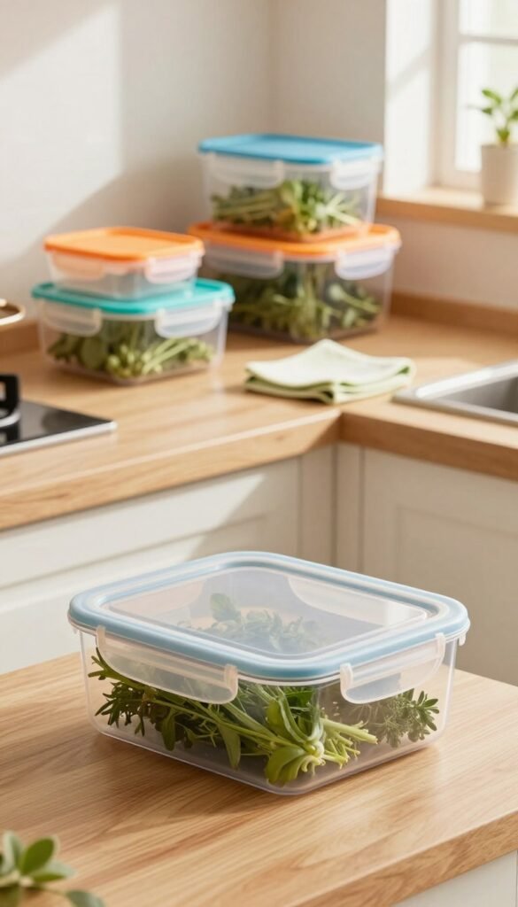 A bright, warm-toned kitchen setting featuring a variety of well-organized kitchen boxes with colorful lids, showcasing their distinct sizes and shapes. In the foreground, a sleek, transparent box with a snug-fitting lid displays fresh herbs, indicating proper care and maintenance. The middle ground highlights a wooden countertop adorned with neatly stacked boxes and a cleaning cloth, emphasizing the theme of durability and upkeep. In the background, soft natural light pours in through a window, casting gentle shadows and enhancing the cozy atmosphere. The scene evokes a sense of warmth and authenticity, inviting viewers to appreciate the practicality and longevity of these storage solutions. No text or overlays are present, ensuring a clean visual focus. A bright, warm-toned kitchen setting featuring a variety of well-organized kitchen boxes with colorful lids, showcasing their distinct sizes and shapes. In the foreground, a sleek, transparent box with a snug-fitting lid displays fresh herbs, indicating proper care and maintenance. The middle ground highlights a wooden countertop adorned with neatly stacked boxes and a cleaning cloth, emphasizing the theme of durability and upkeep. In the background, soft natural light pours in through a window, casting gentle shadows and enhancing the cozy atmosphere. The scene evokes a sense of warmth and authenticity, inviting viewers to appreciate the practicality and longevity of these storage solutions. No text or overlays are present, ensuring a clean visual focus.