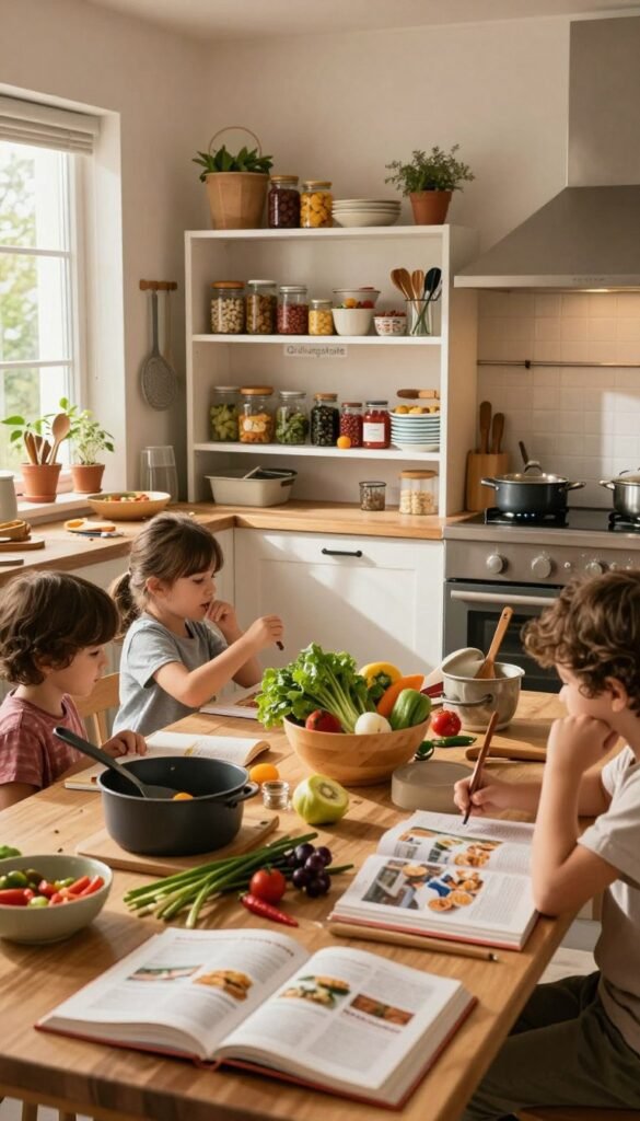 A busy family kitchen workspace filled with warmth and a touch of chaos. In the foreground, a wooden table cluttered with an array of cooking utensils, open recipe books, and some fresh vegetables scattered about. In the middle ground, a sleek, organized shelf labeled "Ordnungskiste" housing neatly arranged jars and containers, reflecting an attempt to maintain order amidst the mess. The background features a softly lit cooking area with pots hanging and a window letting in natural light, casting gentle shadows. The overall atmosphere is lively yet slightly hectic, capturing the essence of a vibrant family life and the struggle of keeping the kitchen organized with warm colors and a Pinterest-like aesthetic.