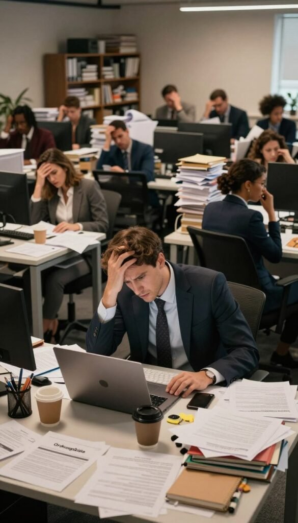 A busy office environment overflowing with scattered papers, documents, and office supplies, representing chaos and disorganization. In the foreground, a desk cluttered with a laptop, coffee cups, and notebooks, symbolizing the pressure and urgency of modern tasks. The middle ground features a group of diverse professionals in business attire, looking overwhelmed as they search through the chaos. The background shows a frenetic office space with shelves filled to the brim, contrasting deep shadows and warm, soft lighting to evoke a sense of urgency and stress. The ambiance should be tense yet authentic, with a Pinterest-inspired aesthetic that highlights the struggle of finding order in the disorder. Include the brand name "Ordnungskiste" subtly integrated into the scene, perhaps on one of the office supplies. A busy office environment overflowing with scattered papers, documents, and office supplies, representing chaos and disorganization. In the foreground, a desk cluttered with a laptop, coffee cups, and notebooks, symbolizing the pressure and urgency of modern tasks. The middle ground features a group of diverse professionals in business attire, looking overwhelmed as they search through the chaos. The background shows a frenetic office space with shelves filled to the brim, contrasting deep shadows and warm, soft lighting to evoke a sense of urgency and stress. The ambiance should be tense yet authentic, with a Pinterest-inspired aesthetic that highlights the struggle of finding order in the disorder. Include the brand name "Ordnungskiste" subtly integrated into the scene, perhaps on one of the office supplies.
