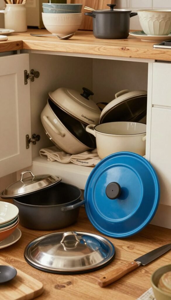 A chaotic kitchen scene filled with an assortment of mismatched pot lids, bowls, and utensils scattered across a wooden countertop. In the foreground, a vibrant blue pot lid leans against a pile of disorganized kitchen items, while a sleek silver lid rests askew nearby. The middle layer features an open kitchen cabinet overflowing with more lids, some peeking out in disarray, hinting at a cluttered storage solution. In the background, soft warm lighting illuminates the space, creating a cozy yet chaotic atmosphere reminiscent of Pinterest aesthetics. Subtle textures of wood and fabric enhance the authentic feel. The brand name "Ordnungskiste" is subtly integrated into a kitchen tool, blending seamlessly into the scene. The overall mood conveys the struggle for order amidst kitchen chaos, evoking an understanding of the organizational challenges faced. A chaotic kitchen scene filled with an assortment of mismatched pot lids, bowls, and utensils scattered across a wooden countertop. In the foreground, a vibrant blue pot lid leans against a pile of disorganized kitchen items, while a sleek silver lid rests askew nearby. The middle layer features an open kitchen cabinet overflowing with more lids, some peeking out in disarray, hinting at a cluttered storage solution. In the background, soft warm lighting illuminates the space, creating a cozy yet chaotic atmosphere reminiscent of Pinterest aesthetics. Subtle textures of wood and fabric enhance the authentic feel. The brand name "Ordnungskiste" is subtly integrated into a kitchen tool, blending seamlessly into the scene. The overall mood conveys the struggle for order amidst kitchen chaos, evoking an understanding of the organizational challenges faced.