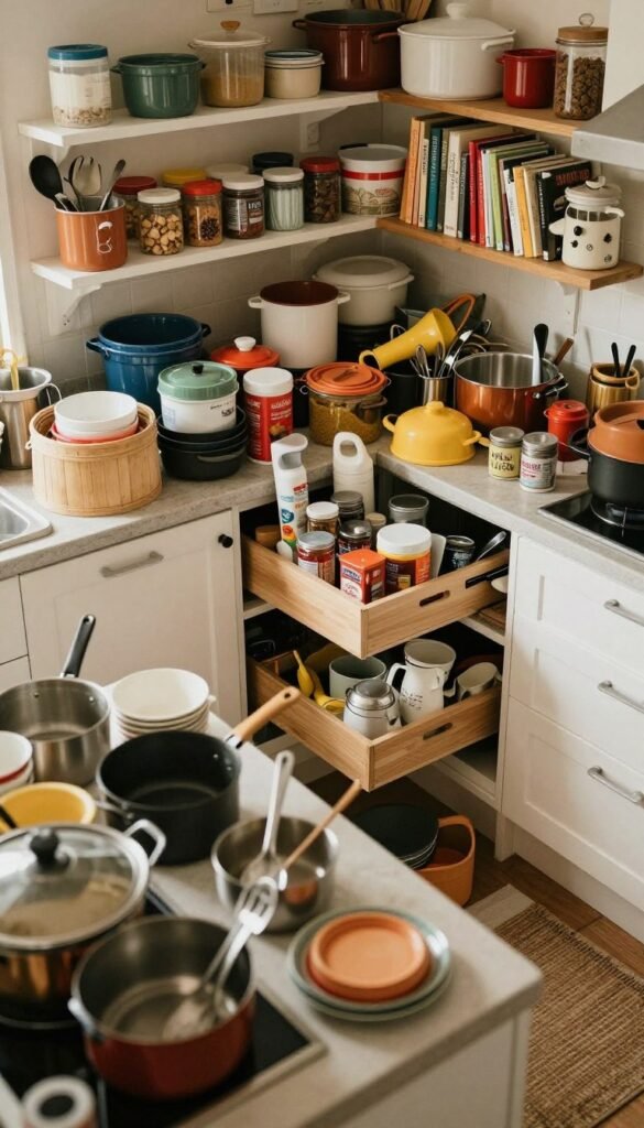 A chaotic kitchen scene filled with various disorganized items, highlighting typical problem areas where clutter accumulates. In the foreground, a cluttered countertop displays a mix of pots, utensils, and a stack of dishes, bathed in warm, soft lighting for an inviting atmosphere. The middle ground features an overflowing storage cabinet with spices and various kitchen gadgets spilling out, emphasizing disarray. In the background, poorly organized shelves display mismatched containers and cookbooks, creating a sense of overwhelming chaos. The image should have a Pinterest-worthy aesthetic, showcasing natural colors and an authentic feel. The composition should be shot from a slight overhead angle, capturing the entirety of the kitchen space without any people present, and free from any text or watermarks.