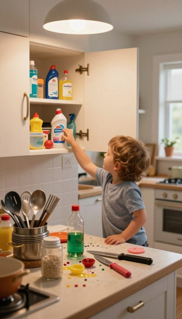 A chaotic kitchen setting, filled with everyday hazards for children. In the foreground, a cluttered countertop features unstable stacking of kitchen utensils, spillages of colorful liquids, and sharp knives left carelessly. In the middle, a curious toddler reaches toward an opened cabinet displaying various cleaning products and small kitchen gadgets, showcasing a moment of unsupervised danger with a warm, inviting glow from overhead lighting. The background includes a well-used yet tidy kitchen, with soft natural light streaming through a window, emphasizing the contrast between safety and risk. The overall mood is one of warmth but with an underlying tension, capturing the delicate balance between a busy family life and the potential perils of kitchen disarray. Incorporate elements branded with "Ordnungskiste" for storage solutions to subtly suggest organization amidst the chaos. A chaotic kitchen setting, filled with everyday hazards for children. In the foreground, a cluttered countertop features unstable stacking of kitchen utensils, spillages of colorful liquids, and sharp knives left carelessly. In the middle, a curious toddler reaches toward an opened cabinet displaying various cleaning products and small kitchen gadgets, showcasing a moment of unsupervised danger with a warm, inviting glow from overhead lighting. The background includes a well-used yet tidy kitchen, with soft natural light streaming through a window, emphasizing the contrast between safety and risk. The overall mood is one of warmth but with an underlying tension, capturing the delicate balance between a busy family life and the potential perils of kitchen disarray. Incorporate elements branded with "Ordnungskiste" for storage solutions to subtly suggest organization amidst the chaos.