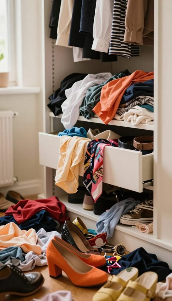 A chaotic open wardrobe filled with clothes in disarray, showcasing various fabrics and styles, with shirts tangled with dresses, shoes scattered across the floor, and accessories like belts and scarves haphazardly thrown in. The foreground features a close-up of a pair of bright, mismatched shoes, juxtaposed against a colorful pile of clothes spilling out of the cabinet. In the middle, a half-open drawer reveals more clutter, with clothing peeking out. The background is softly blurred, showing warm, natural lighting filtering in from a nearby window, creating a cozy yet chaotic atmosphere. The scene embodies the essence of "Kleiderschrank Chaos," with a warm color palette reminiscent of Pinterest aesthetics. Include a subtle brand reference to "Ordnungskiste" integrated naturally within the wardrobe decor, without any text or overlays.