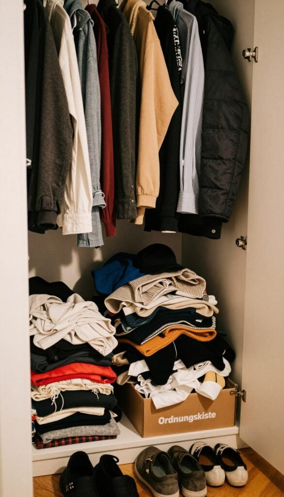 A chaotic open wardrobe overflowing with clothes of various colors and styles, some spilling onto the floor. In the foreground, neatly folded clothes and a pair of shoes are cluttered beside a slightly ajar box labeled "Ordnungskiste". In the middle, various shirts hang haphazardly, some wrinkled, mixing with winter jackets and accessories like hats and scarves. The background reveals a dimly lit room with soft, warm lighting that creates a cozy yet messy atmosphere. The camera angle is slightly tilted, adding to the sense of disarray. The overall mood is one of everyday family life, showcasing the struggle to maintain order in a bustling household. Natural colors dominate the scene, evoking an authentic Pinterest aesthetic without any text or distractions.
