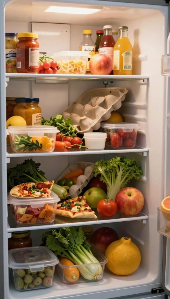 A chaotic refrigerator interior filled with various food items scattered haphazardly, showcasing disorganization. In the foreground, open containers of leftovers and vibrant fruits are strewn across multiple shelves, with items peeking out of each other—a half-eaten pizza, fresh vegetables, and jars of sauces. In the middle, a faintly visible egg carton leans precariously, suggesting a sense of precariousness. The background features the fridge's door, showcasing an array of mismatched condiments and drinks. Soft, warm lighting enhances the colors, creating a cozy yet chaotic atmosphere. The perspective is slightly tilted, as if capturing the fridge's contents in an unplanned moment. The overall mood reflects a relatable feeling of overstuffed chaos yet warmth, evoking a Pinterest-like aesthetic.