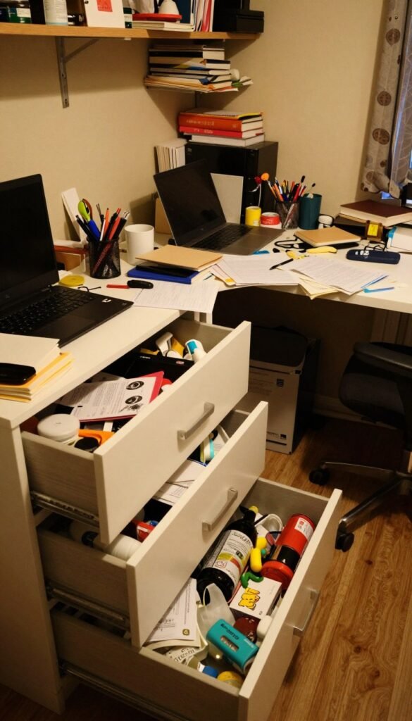A chaotic room filled with overflowing drawers and cluttered work surfaces, showcasing a typical everyday struggle with disorganization and space shortage. In the foreground, open drawers spill with assorted items like papers, small tools, and everyday essentials, creating a sense of disorder. The middle ground features a desk cluttered with various objects&mdash;laptops, notebooks, and stationery&mdash;strained under the pressure of limited space. The background reveals shelves filled with more disarray, contrasting a few neatly organized sections labeled "Ordnungskiste." The scene is lit with warm ambient light that creates a cozy yet chaotic atmosphere, invoking a sense of relatable frustration. The overall mood conveys the challenges of maintaining order in a flexible living space without any text or distractions.
