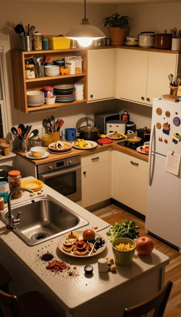 A chaotic small kitchen scene filled with cluttered countertops strewn with cooking utensils, open containers, and scattered ingredients. The foreground features a disorganized table with a half-prepared meal, an overflowing sink, and various spices spilled around. In the middle, narrowly spaced cabinets bulge with mismatched dishes and kitchen gadgets. The background showcases a refrigerator adorned with colorful magnets and papers, while a dim overhead light casts a warm glow, enhancing the cozy yet chaotic atmosphere. The overall mood reflects the challenges of small kitchen organization, with an aesthetic that feels warm and inviting, reminiscent of a Pinterest-inspired home, yet overwhelming in its disarray. The angle captures the room from a slightly elevated perspective, emphasizing the clutter’s enormity.