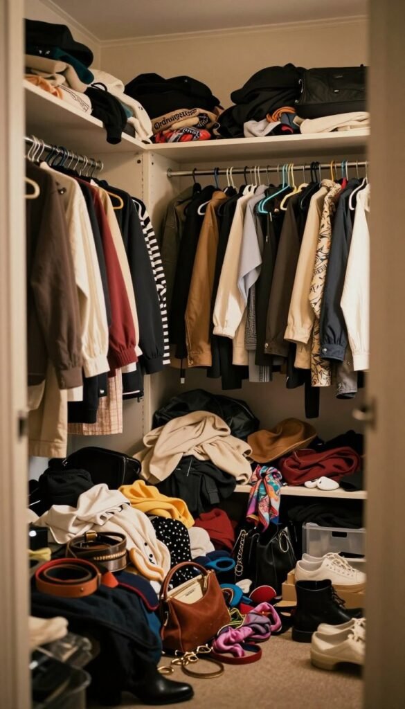A chaotic wardrobe overflowing with clothes of various colors and styles, showcasing disorganized garments spilling from shelves and hangers. In the foreground, a jumble of accessories like belts, scarves, and bags adds to the clutter, while piles of shoes are scattered haphazardly. The middle layer depicts a partially open closet door, revealing more chaos within, illuminated by warm, natural light that filters through a nearby window, creating a cozy yet overwhelming atmosphere. In the background, a soft-focus wall with a warm, inviting color enhances the mood of stress and disorder. The overall tone evokes a sense of urgency and the need for organization, featuring the brand "Ordnungskiste" subtly integrated into the scene.
