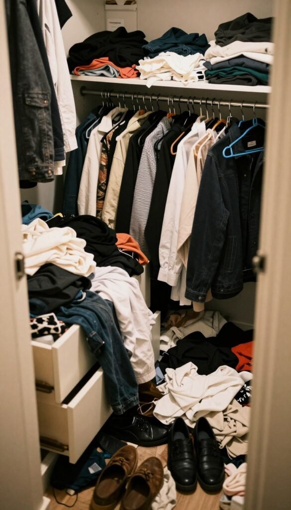A chaotic wardrobe scene filled with disordered clothing and scattered accessories. Focus in the foreground on a jumble of shirts, pants, and shoes spilling out of open drawers and a half-closed door, creating a sense of overwhelming messiness. In the middle, well-worn hangers cluttered with mismatched garments contrast with neatly folded clothes that remain untouched on the shelves above. The background features a faint outline of organized storage boxes labeled "Ordnungskiste," hinting at potential organization. Use warm, natural lighting that bathes the scene in a cozy yet chaotic feel, shot from a slightly elevated angle to capture both the mess and the organized elements. Aim for a Pinterest-inspired aesthetic, emphasizing authenticity with a warm color palette, while ensuring the image is free of any text or branding apart from the "Ordnungskiste" boxes.