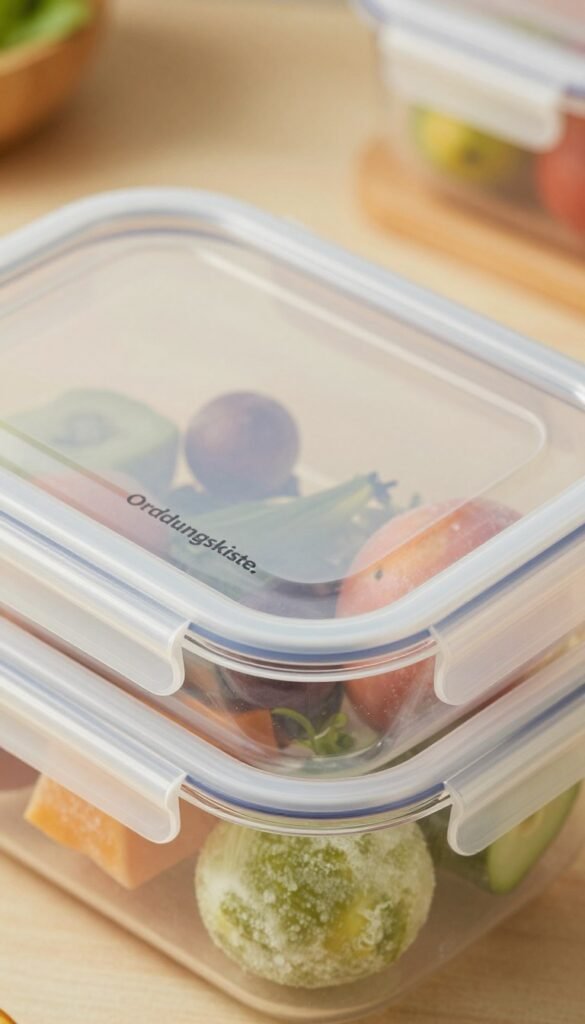 A close-up image of a high-quality, transparent food storage container lid from the brand "Ordnungskiste," showcasing its sleek design and sturdy material. The lid is positioned prominently in the foreground, reflecting soft natural light that highlights its clarity and texture. In the middle ground, a partially opened container reveals frozen fruits and vegetables, emphasizing the practicality of food preservation. The background features a subtle kitchen setting with warm colors and soft-focus elements, creating a cozy and inviting atmosphere. The overall mood is one of organization and efficiency, perfect for illustrating the purpose of systematic food freezing, with an authentic, Pinterest-inspired aesthetic. The image should appear professional and clean, without any text or distractions.