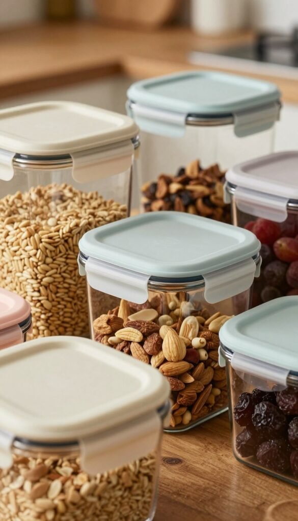 A close-up image of airtight food storage containers featuring various lid designs. In the foreground, showcase an assortment of colorful lids locking tightly onto transparent canisters filled with grains, nuts, and dried fruits, reflecting their freshness. In the middle, arrange the containers at different angles to create depth and draw attention to the intricate sealing mechanisms. The background should be softly blurred, hinting at a rustic kitchen countertop with warm, natural colors that evoke a cozy atmosphere. Utilize soft, diffused lighting to enhance the textures of the containers and the food within, capturing a Pinterest-worthy aesthetic. Aim for an inviting, authentic mood without any text, ensuring a clean and professional look.