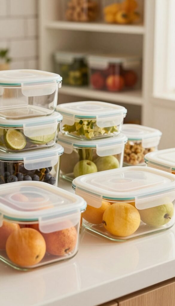 A close-up shot of a modern kitchen countertop featuring a variety of food storage containers with visible lids and gaskets, emphasizing the theme of seal and efficiency. The foreground showcases a clear glass container filled with vibrant fruits, its lid placed adjacent, highlighting the gasket system that ensures freshness. In the middle ground, similar containers are organized neatly, demonstrating a practical storage solution. The background is softly blurred, revealing a well-organized pantry shelf with additional containers, all bathed in warm, natural light that creates an inviting, cozy atmosphere. The image conveys a sense of order and practicality, perfect for a home chef's workspace, styled with a Pinterest-worthy aesthetic. A close-up shot of a modern kitchen countertop featuring a variety of food storage containers with visible lids and gaskets, emphasizing the theme of seal and efficiency. The foreground showcases a clear glass container filled with vibrant fruits, its lid placed adjacent, highlighting the gasket system that ensures freshness. In the middle ground, similar containers are organized neatly, demonstrating a practical storage solution. The background is softly blurred, revealing a well-organized pantry shelf with additional containers, all bathed in warm, natural light that creates an inviting, cozy atmosphere. The image conveys a sense of order and practicality, perfect for a home chef's workspace, styled with a Pinterest-worthy aesthetic.
