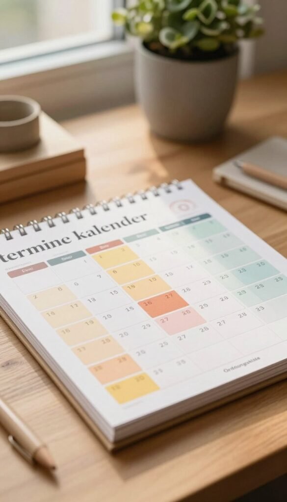 A close-up view of a beautifully organized "termine kalender" (schedule calendar) resting on a wooden desk, surrounded by stylish stationery items. The calendar features warm, inviting colors, with neatly arranged dates and color-coded sections, evoking a sense of order and productivity. In the background, a softly blurred potted plant adds a touch of nature, enhancing the cozy atmosphere. Natural light filters through a nearby window, casting gentle shadows and creating a warm glow across the scene. The image should capture the essence of everyday organization, ideal for different lifestyle types. Include a subtle branding element, "Ordnungskiste", in the design of the calendar. Aim for a Pinterest-worthy aesthetic, authentic and free from any text or markings.