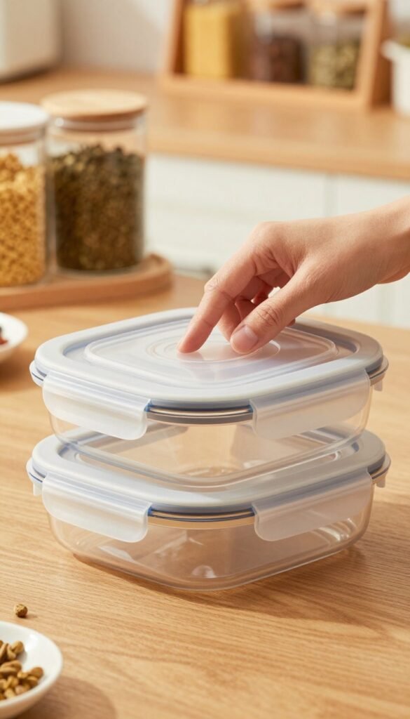 A close-up view of a high-quality kitchen container with a tightly fitted, transparent lid showcasing a secure air-tight seal. The setting captures a well-lit kitchen countertop made of warm wood, with soft, natural lighting creating an inviting atmosphere. In the foreground, a hand gently pressing down on the lid emphasizes the effective sealing mechanism, while in the background, blurred shelves filled with various food items—such as grains and spices—highlight the functionality of the container. The focus is on the sleek design and practical elements like silicone gaskets and sturdy clips, accentuating their importance in food preservation, featuring warm earth tones for an authentic, Pinterest-inspired look. A close-up view of a high-quality kitchen container with a tightly fitted, transparent lid showcasing a secure air-tight seal. The setting captures a well-lit kitchen countertop made of warm wood, with soft, natural lighting creating an inviting atmosphere. In the foreground, a hand gently pressing down on the lid emphasizes the effective sealing mechanism, while in the background, blurred shelves filled with various food items—such as grains and spices—highlight the functionality of the container. The focus is on the sleek design and practical elements like silicone gaskets and sturdy clips, accentuating their importance in food preservation, featuring warm earth tones for an authentic, Pinterest-inspired look.