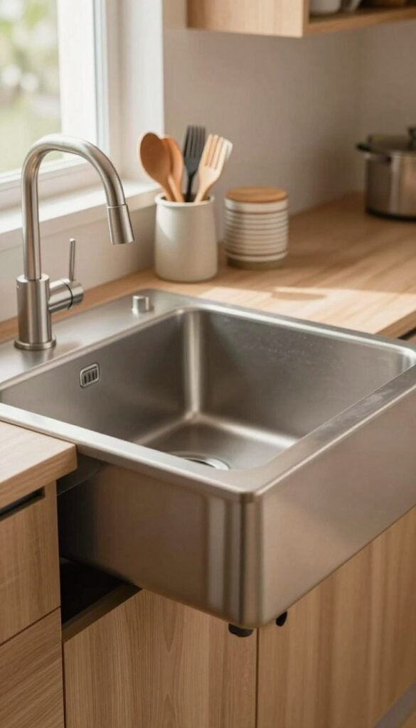 A close-up view of a stylish kitchen featuring a modern pull-out sink (waschbecken) integrated into a compact cabinetry. In the foreground, the pull-out sink is displayed partially extended, showcasing sleek plumbing and elegant finishing. The middle ground highlights organized kitchen essentials, such as neatly arranged utensils and containers, emphasizing efficient use of space. The background reveals warm-toned cabinetry and natural lighting pouring in through a window, enhancing the cozy atmosphere. The scene should evoke a Pinterest-inspired aesthetic with soft focus on the background, highlighting textures like wood grains and metal fixtures, creating a harmonious blend of functionality and design. No text or overlays are included.