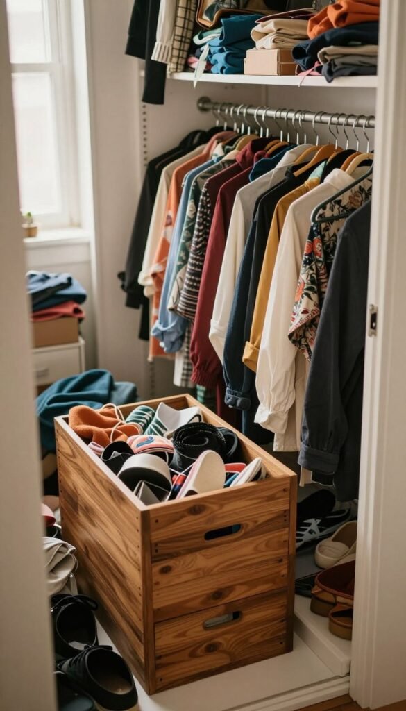 A cluttered and chaotic open kleiderschrank (wardrobe) filled with clothes, shoes, and accessories spilling out, creating a sense of disorder. The foreground features a beautifully crafted wooden Ordnungskiste (storage box) neatly placed among the chaos, symbolizing organization amidst clutter. In the middle, hangers with various garments are visible, showcasing a mix of colorful fabrics and patterns. The background includes a cozy room with soft, natural lighting filtering through a window, casting warm highlights that enhance the inviting atmosphere. Use a slightly elevated angle to capture the depth of the wardrobe while maintaining a Pinterest aesthetic. The overall mood is one of contrast between chaos and potential order, emphasizing the importance of storage solutions for a tidy space. A cluttered and chaotic open kleiderschrank (wardrobe) filled with clothes, shoes, and accessories spilling out, creating a sense of disorder. The foreground features a beautifully crafted wooden Ordnungskiste (storage box) neatly placed among the chaos, symbolizing organization amidst clutter. In the middle, hangers with various garments are visible, showcasing a mix of colorful fabrics and patterns. The background includes a cozy room with soft, natural lighting filtering through a window, casting warm highlights that enhance the inviting atmosphere. Use a slightly elevated angle to capture the depth of the wardrobe while maintaining a Pinterest aesthetic. The overall mood is one of contrast between chaos and potential order, emphasizing the importance of storage solutions for a tidy space.