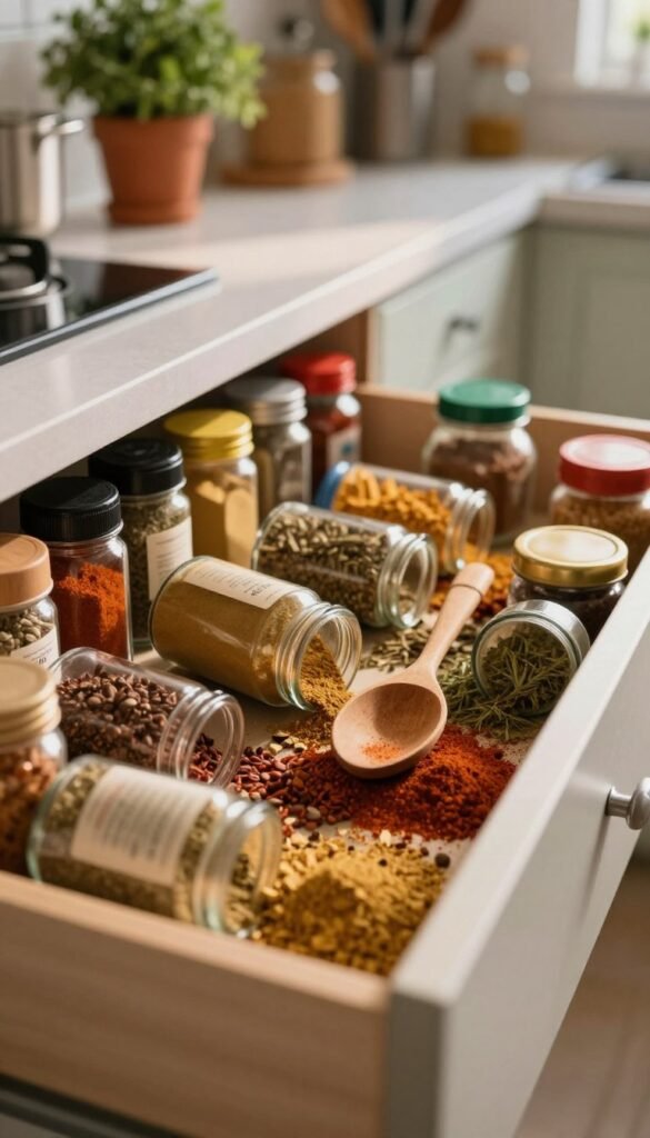 A cluttered kitchen drawer filled with various spice jars in disarray, some toppled over while others are half-open, spilling spices. In the foreground, a close-up shot of a wooden spice spoon rests among the chaos, creating a visual focal point. The middle section showcases an assortment of colorful spice jars—some labeled, others not—featuring different shapes and sizes. The background features a blurred view of a neatly organized counter with potted herbs and kitchen utensils, adding contrast to the chaos in the drawer. Warm, natural lighting casts gentle shadows, enhancing the inviting atmosphere. The lens is focused on the drawer, with a slight depth of field to emphasize the messiness of the spices within, evoking a sense of everyday culinary challenges. A cluttered kitchen drawer filled with various spice jars in disarray, some toppled over while others are half-open, spilling spices. In the foreground, a close-up shot of a wooden spice spoon rests among the chaos, creating a visual focal point. The middle section showcases an assortment of colorful spice jars—some labeled, others not—featuring different shapes and sizes. The background features a blurred view of a neatly organized counter with potted herbs and kitchen utensils, adding contrast to the chaos in the drawer. Warm, natural lighting casts gentle shadows, enhancing the inviting atmosphere. The lens is focused on the drawer, with a slight depth of field to emphasize the messiness of the spices within, evoking a sense of everyday culinary challenges.
