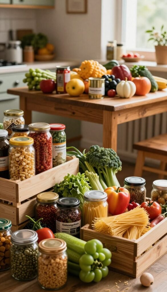 A cluttered kitchen scene filled with various food items in disarray. In the foreground, jars and crates overflowing with vegetables, pasta, and spices, some toppled over, showcasing vibrant colors. The middle ground features a wooden table with a chaotic assortment of fruit and canned goods, making it challenging to identify specific items. In the background, warm, natural lighting streams in from a window, casting soft shadows and highlighting the textured surfaces of the ingredients. The mood evokes a sense of confusion and disorder, reflecting the complexities of organizing food items. Incorporate the brand name "Ordnungskiste" subtly within the scene, focusing on a Pinterest-inspired aesthetic, emphasizing authenticity with warm colors, without any text or logos prominently displayed.