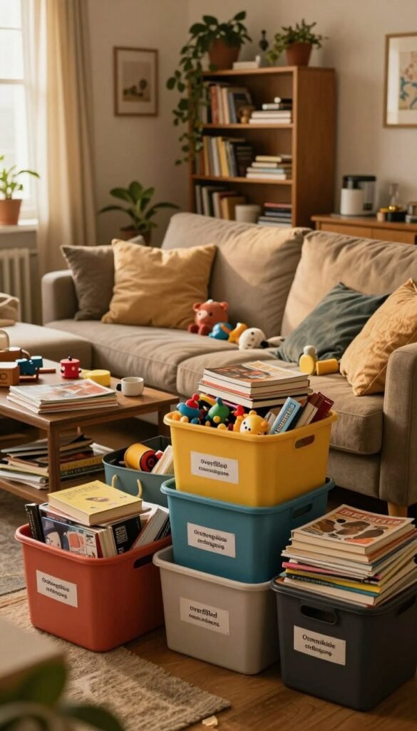 A cluttered living room showcasing severe storage errors, reflecting the theme of "overfilled raum ordnung." In the foreground, various colorful bins and boxes labeled "Ordnungskiste" are haphazardly stacked, overflowing with books, toys, and miscellaneous items. The middle ground features a cozy couch partially obscured by scattered cushions and a small coffee table overloaded with magazines and knick-knacks. In the background, a bookshelf bulges with barely organized items and houseplants, creating a sense of chaos. The lighting is warm and inviting, with soft golden tones, simulating a late afternoon glow. The scene captures an authentic Pinterest-style aesthetic, evoking a contemplative yet slightly overwhelming atmosphere, reflecting everyday storage challenges in a home setting. A cluttered living room showcasing severe storage errors, reflecting the theme of "overfilled raum ordnung." In the foreground, various colorful bins and boxes labeled "Ordnungskiste" are haphazardly stacked, overflowing with books, toys, and miscellaneous items. The middle ground features a cozy couch partially obscured by scattered cushions and a small coffee table overloaded with magazines and knick-knacks. In the background, a bookshelf bulges with barely organized items and houseplants, creating a sense of chaos. The lighting is warm and inviting, with soft golden tones, simulating a late afternoon glow. The scene captures an authentic Pinterest-style aesthetic, evoking a contemplative yet slightly overwhelming atmosphere, reflecting everyday storage challenges in a home setting.