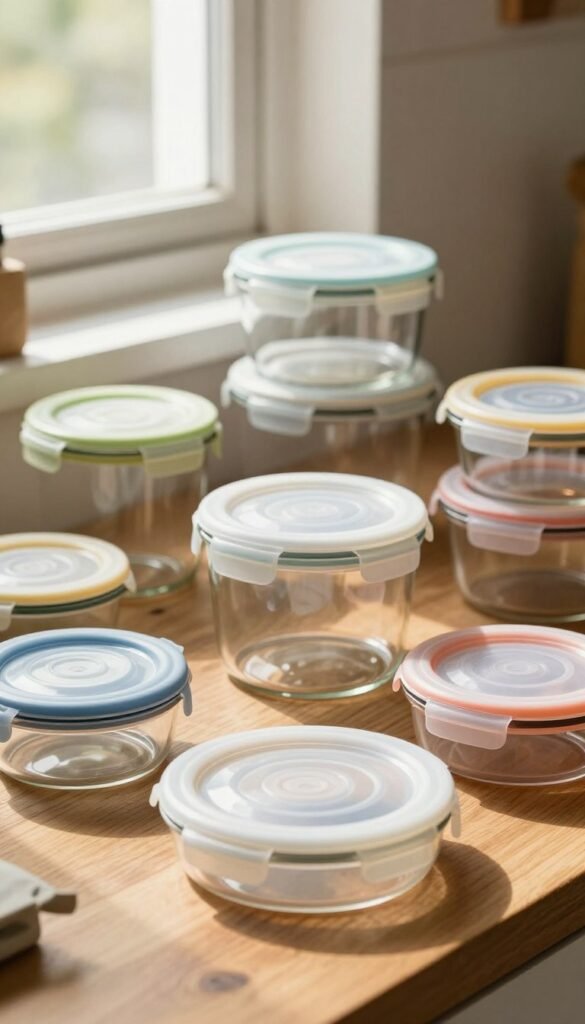 A collection of airtight storage container lids in various sizes and designs, displayed in a rustic kitchen setting. In the foreground, focus on a few colorful, transparent lids with silicone seals, showcasing their airtight features. The middle ground features more lids made of different materials, such as glass and BPA-free plastic, each with unique textures and colors. In the background, soft, natural sunlight streams through a window, casting warm hues and gentle shadows on the wooden countertop. The overall mood is inviting and homely, emphasizing the practicality and visual appeal of these kitchen essentials. The image should have a Pinterest-inspired aesthetic, highlighting authenticity without any text or overlays.