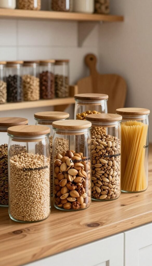 A collection of elegant glass jars filled with various dry foods such as grains, nuts, and pasta, arranged neatly on a rustic wooden kitchen shelf. The jars have natural wood lids, showcasing a minimalist yet functional design, embodying the brand "Ordnungskiste." In the foreground, a soft, ambient light illuminates the jars, creating gentle reflections on their surfaces. The middle ground features a neatly organized spice rack with glass containers. The background includes a blurred kitchen setting with warm colors and soft textures, evoking a cozy, inviting atmosphere. The overall mood is harmonious and aesthetically pleasing, reflecting a tidy, plastic-free kitchen solution without any text or distractions.