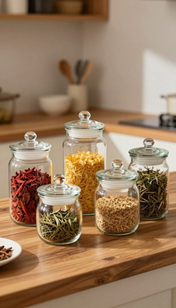 A collection of elegant glass storage jars with airtight lids, artistically arranged on a rustic wooden kitchen countertop. The jars vary in size and shape, showcasing their clear glass craftsmanship and the vibrant colors of contents like spices, grains, and dried herbs inside. Soft, warm lighting floods the scene, creating a cozy atmosphere and enhancing the natural textures of the kitchen environment. In the background, blurred hints of a modern kitchen with wooden cabinets and a few kitchen utensils add depth. The image conveys a sense of organization and harmony, inviting viewers to appreciate the beauty of practical kitchen storage solutions. A collection of elegant glass storage jars with airtight lids, artistically arranged on a rustic wooden kitchen countertop. The jars vary in size and shape, showcasing their clear glass craftsmanship and the vibrant colors of contents like spices, grains, and dried herbs inside. Soft, warm lighting floods the scene, creating a cozy atmosphere and enhancing the natural textures of the kitchen environment. In the background, blurred hints of a modern kitchen with wooden cabinets and a few kitchen utensils add depth. The image conveys a sense of organization and harmony, inviting viewers to appreciate the beauty of practical kitchen storage solutions.