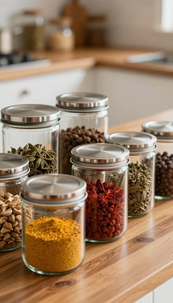 A collection of high-end glass storage jars elegantly displayed on a polished wooden kitchen countertop. The jars feature sleek, airtight lids made from brushed metal, showcasing precision craftsmanship. In the foreground, a jar is partially filled with vibrant spices, while others are impeccably arranged behind it, reflecting natural light that highlights their clarity and the rich colors of their contents. The background reveals a softly blurred kitchen with warm, inviting colors, creating a cozy atmosphere reminiscent of a Pinterest aesthetic. The image is captured with a shallow depth of field, enhancing the focus on the jars while maintaining an inviting softness in the background, conveying a sense of sophistication and utility.